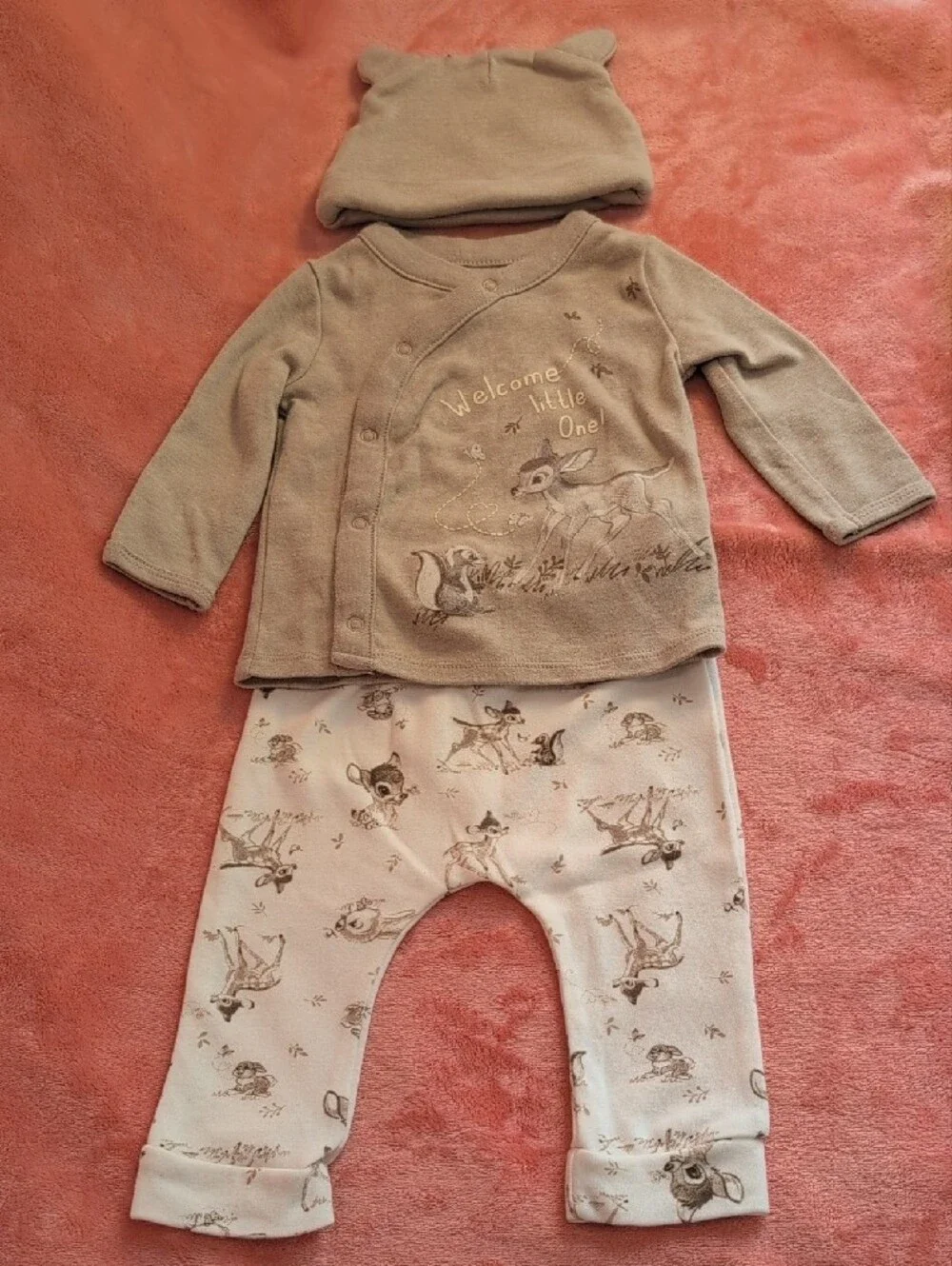 Disney Bambi 3/6m Matching Set With Beanie And Bib